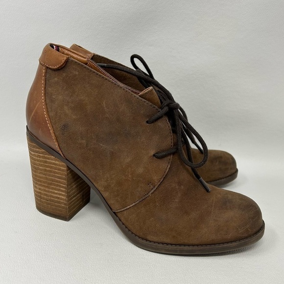 Tommy Hilfiger Women’s Brown Leather Ankle Boots Booties 8 Chunky Heel Lace Up - Picture 3 of 13
